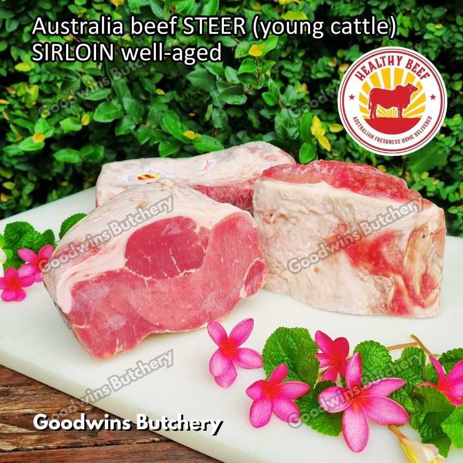 

Beef SIRLOIN Australia STEER (young cattle) Healthy Beef aged-frozen SMALL ROAST CUTS daging sapi has luar Striploin New York strip