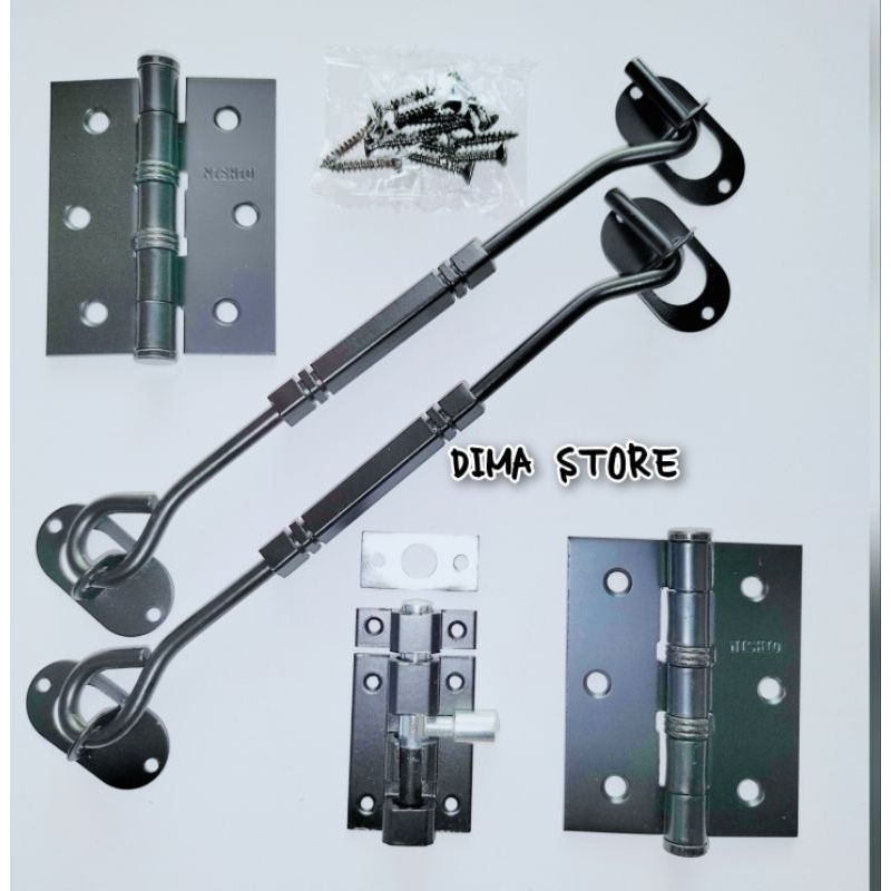 Paket Komplit Jendela HITAM Slot Alumunium Penyangga Hak Angin Engsel Rumah