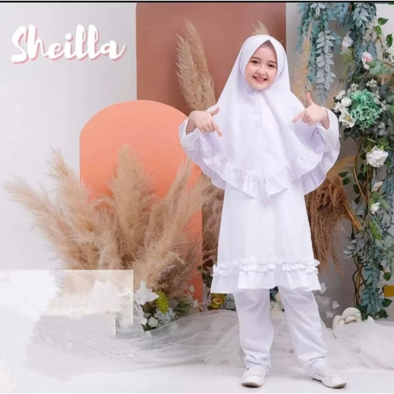 Setelan Putih Anak Tunik Anak Set Celana Free Hijab One Set Midi Dress Putih Anak Setelan Baju Anak 