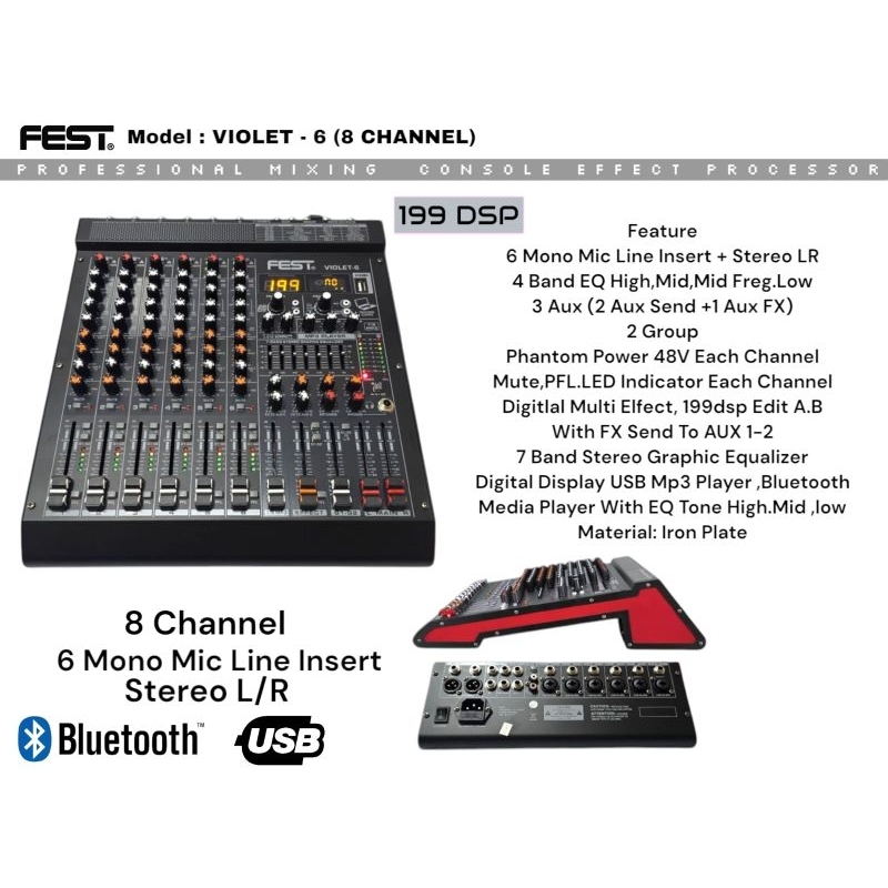 MIXER AUDIO FEST VIOLET 6 MIXER 8 CHANNEL 6 MONO MIC LINE INSERT STEREO L/R 199 DSP