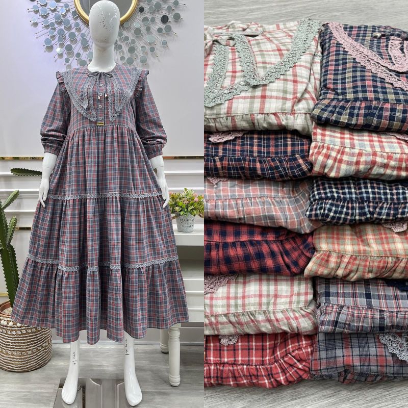 Midi dress katun triset / motif kotak / dress premiuam / ori salvina ys