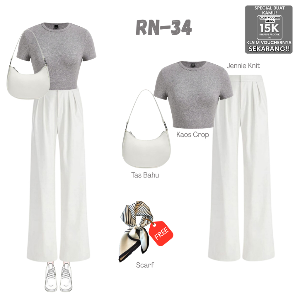 Outfit Set Soft Edgee Gray Kaos Crop Top Grey Celana Jennie Knit Pants Putih  Tas Bahu Putih RN-34