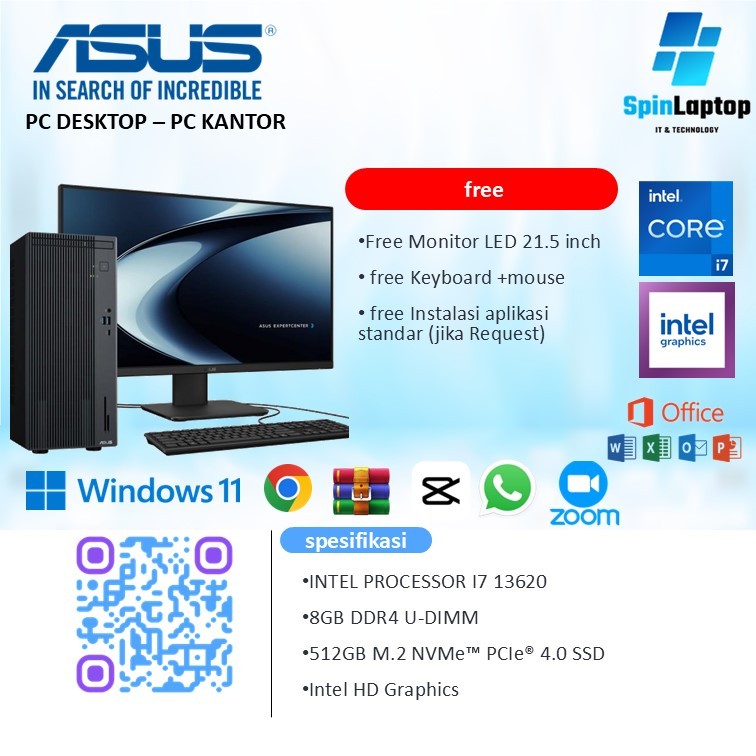 Asus Komputer Full Set | PC Desktop P500MV Core i7 -13620H Ram 8GB /512GB PC Full Set LED 21.5