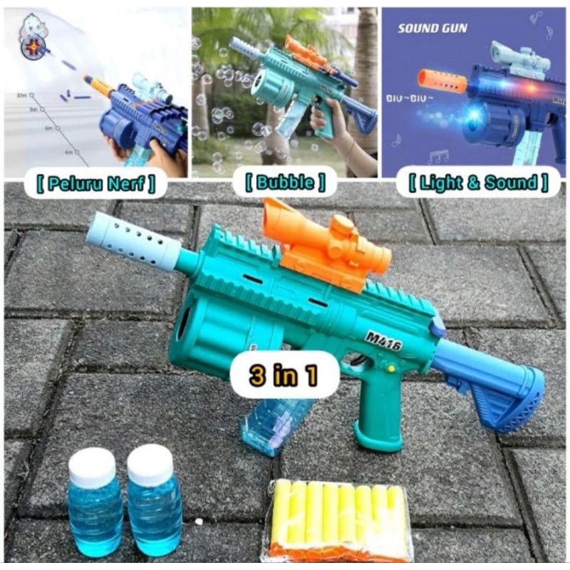 Mainan Anak Pistol M416 3in1 Tembakan Soft Bullet Gun Bubble / Nerf