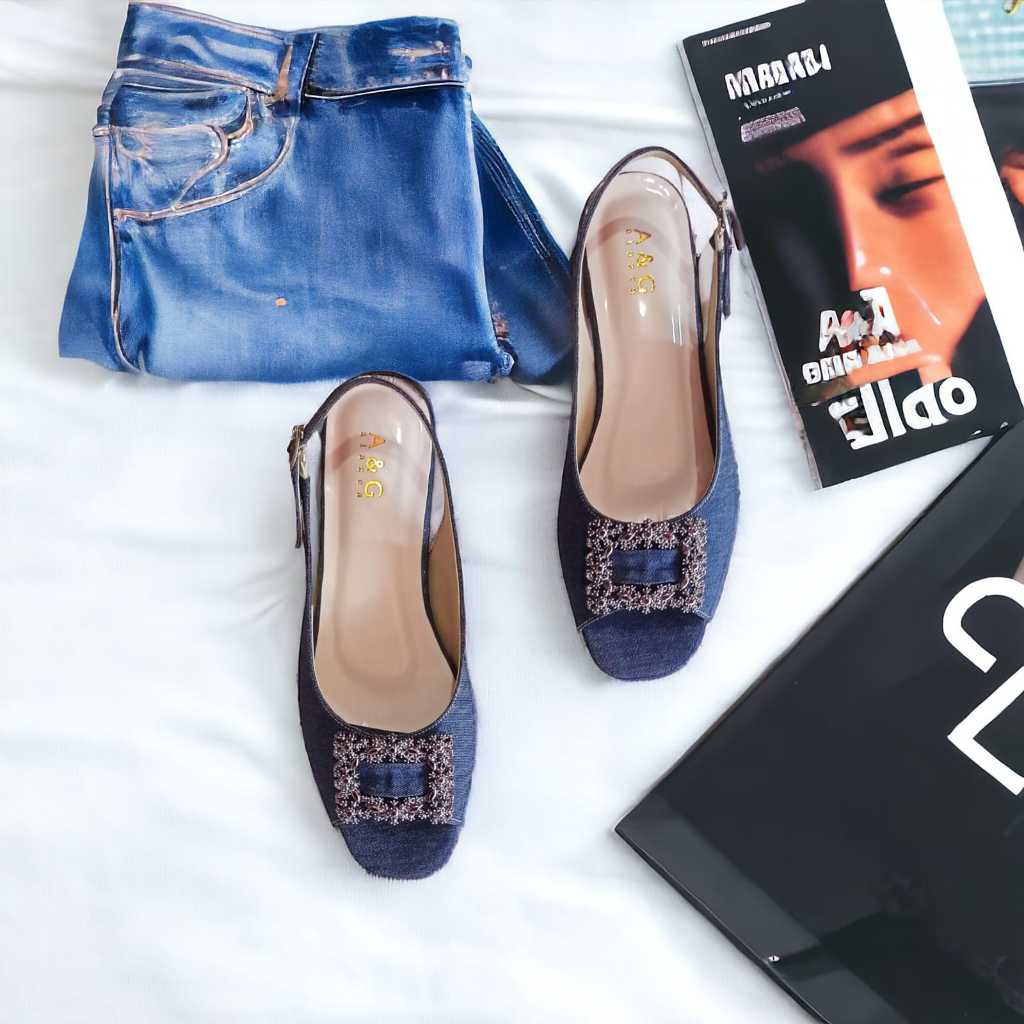 LV02 Sepatu Pesta Wanita Hak 3cm Bahan Levis