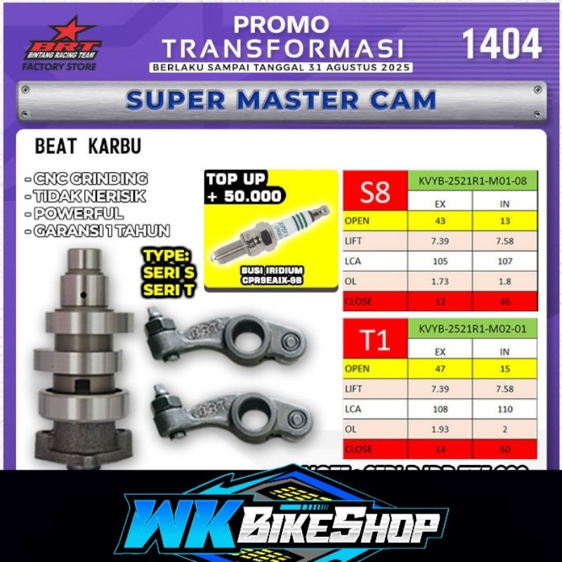NOKEN AS BRT + PELATUK RRA BEAT / SCOOPY SPACY KARBU (T1 S8 R1 ) CAMSHAFT KEM CAM