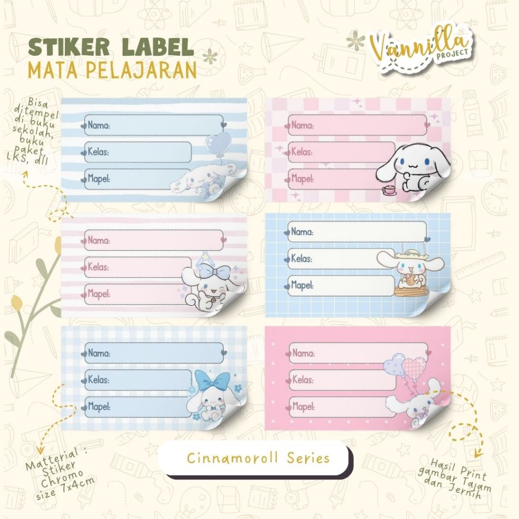 

40 PCS STIKER MATA PELAJARAN STIKER LABEL NAMA SEKOLAH CINNAMOROLL
