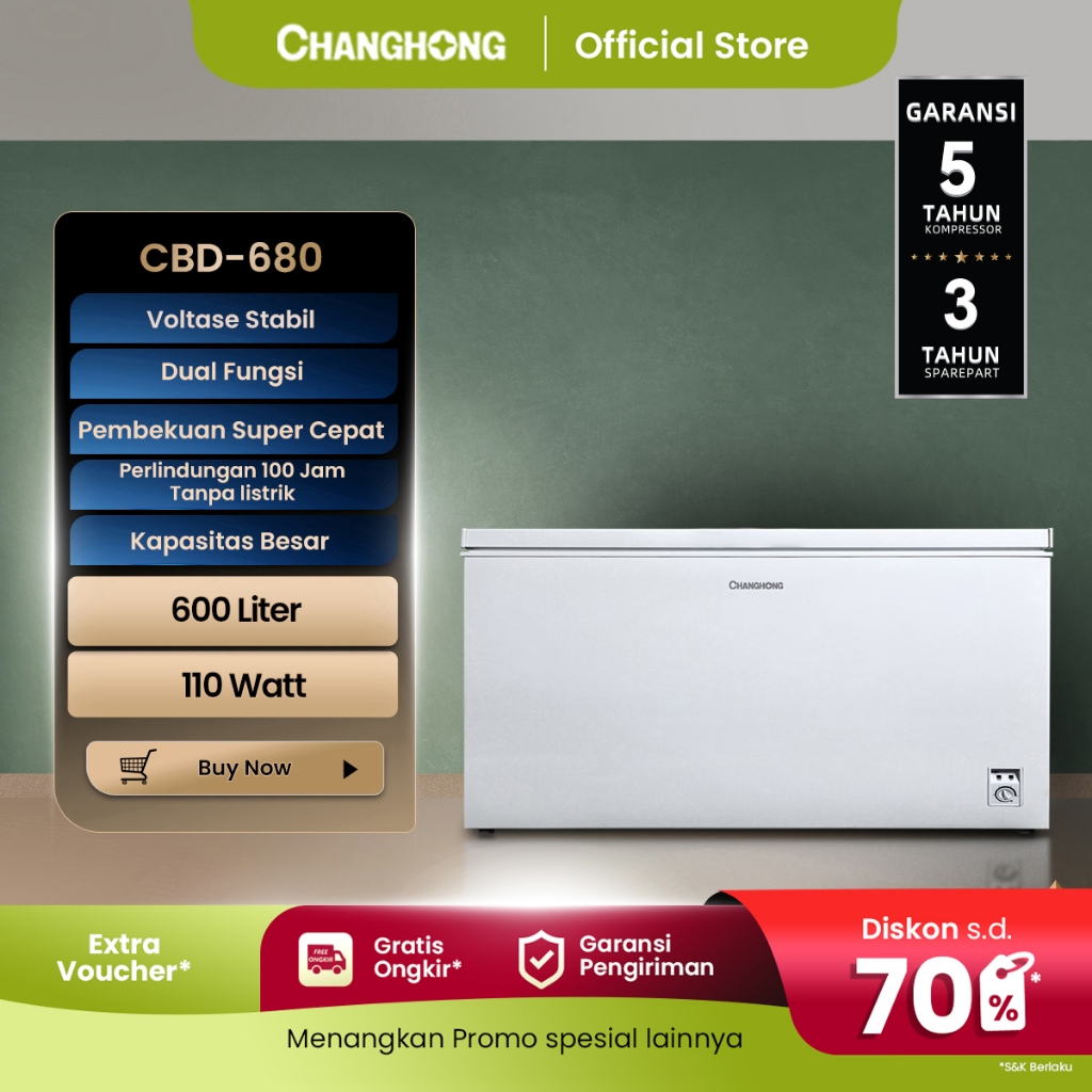 Changhong Chest Freezer CBD680 Kapasitas 600 Liter  (Fast Freezing) (Design Look Minimalis) ( Big Ca