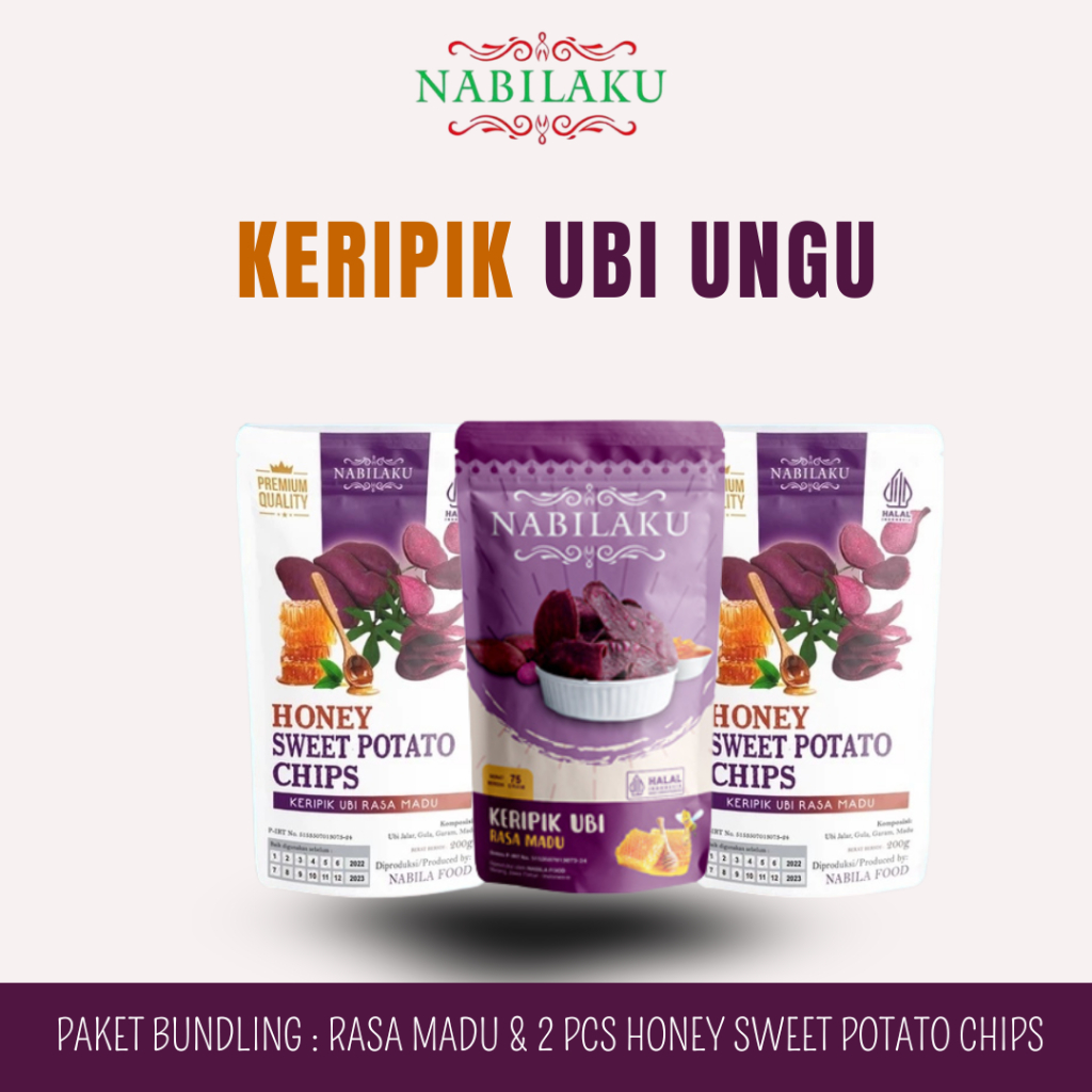 

NABILAKU - Paket Bundling Keripik Snack Ubi Ungu Rasa Madu 75 gr & 2 Pcs Honey Sweet Potato Chips