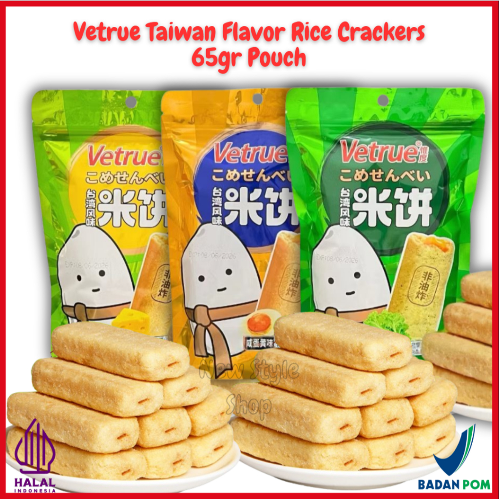 

Vetrue Taiwan Flavor Rice Crackers 65gr Pouch Varian Rasa Vegetable, Salted Egg, Cheese/ Kerupuk Beras Vetrue