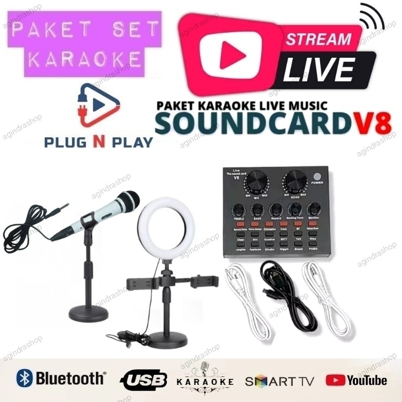 Promo Paket Hemat Karaoke cover Lagu Live Streaming Mic Dinamik Free Tripod Ringlight + Soundcard V8