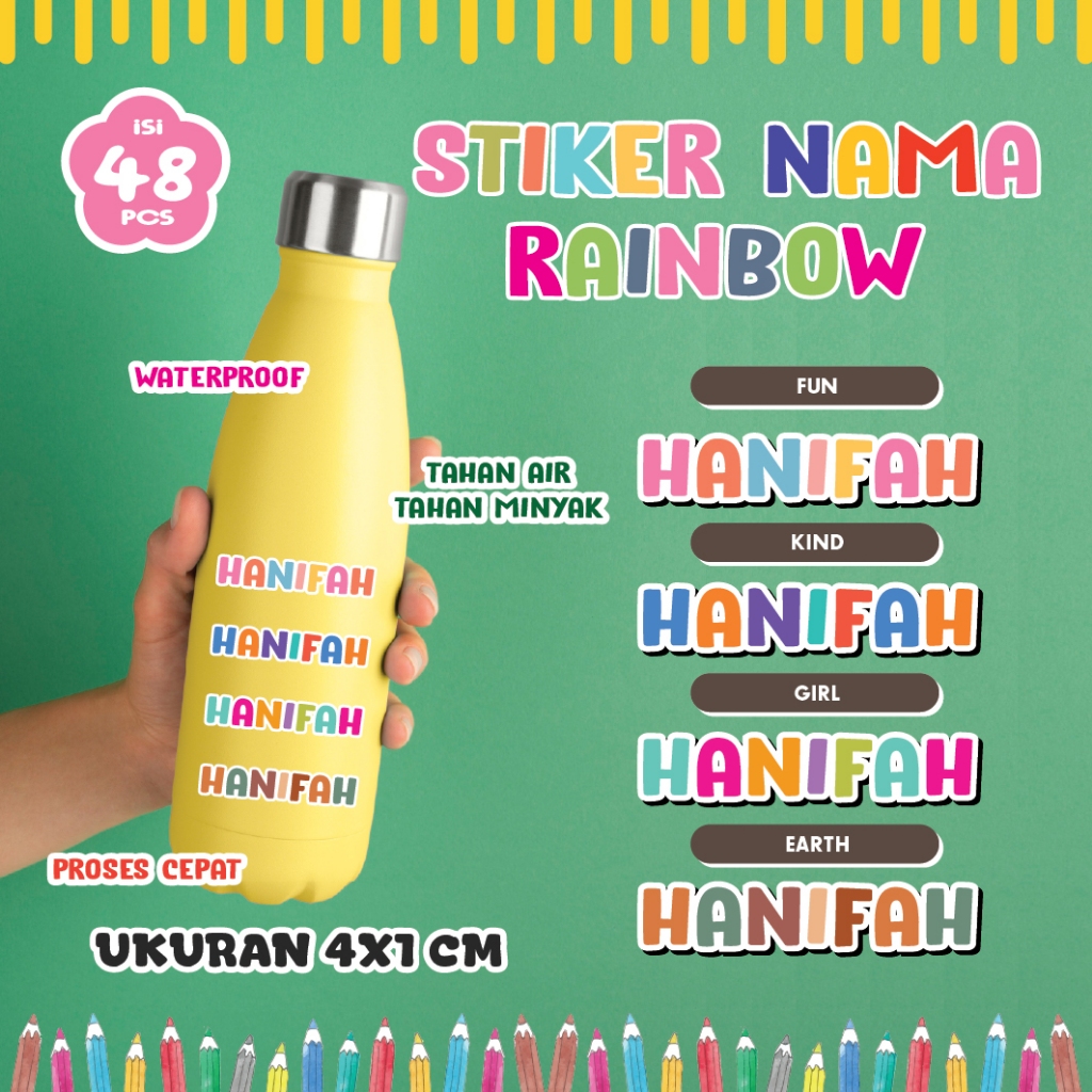 

(48PCS) STIKER NAMA RAINBOW WATERPROOF CUTTING SESUAI NAMA / Stiker Tumbler Hampers Ulang Tahun