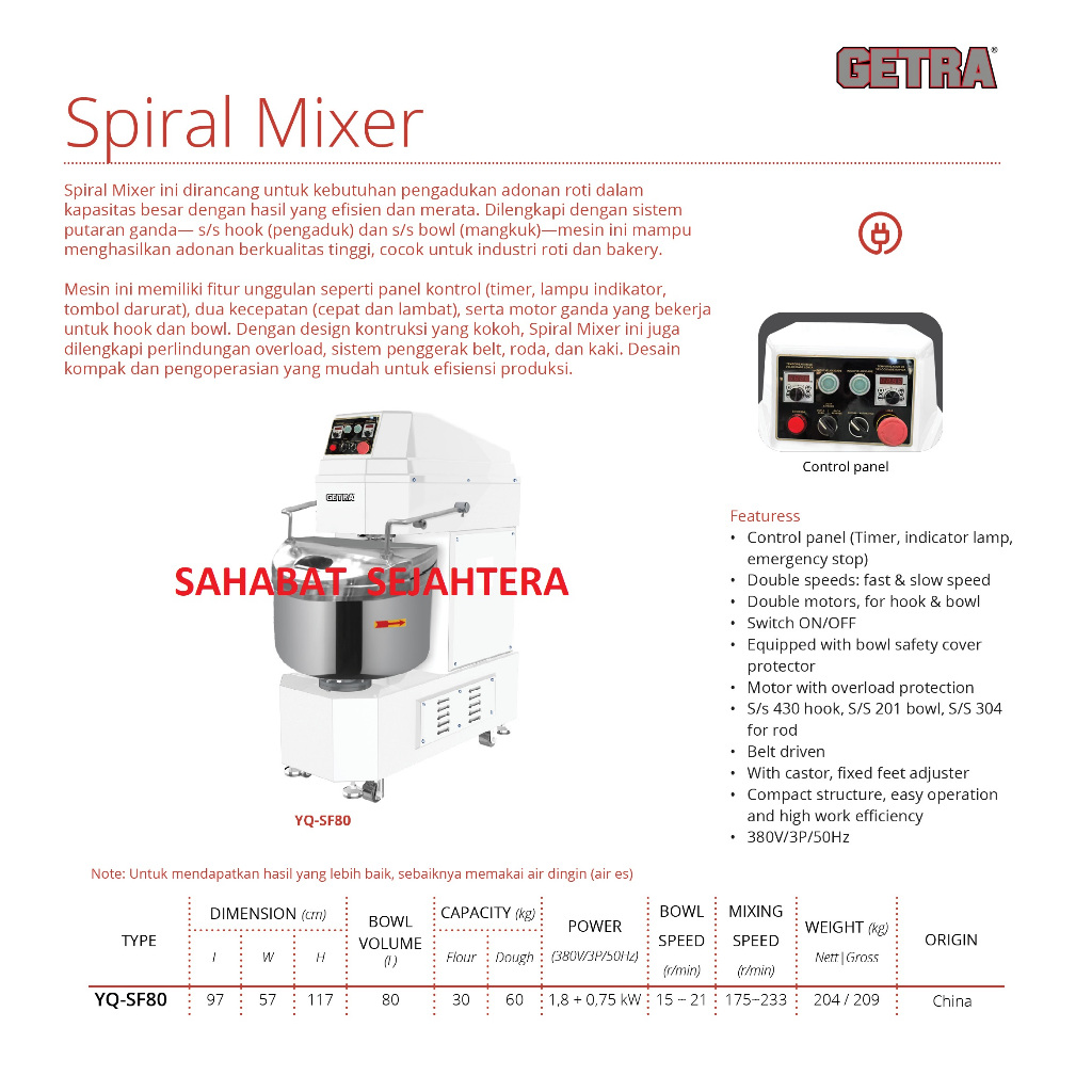 GETRA Spiral Mixer Roti Adonan Tepung YW-SF80 | Mesin Pengaduk Adonan Kental Heavy Duty