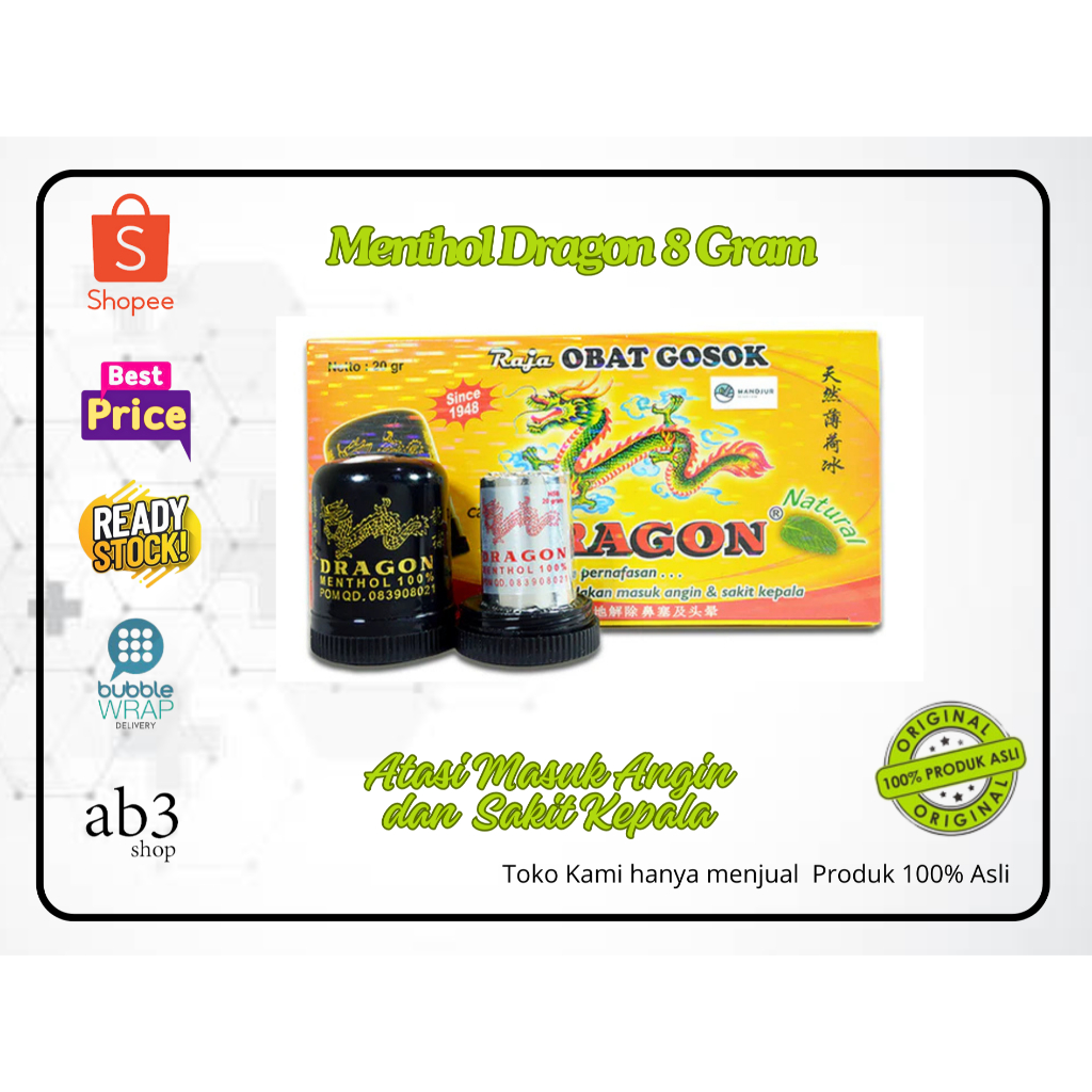 MENTHOL DRAGON STICK / MENTOL DRAGON GOSOK /AROMATHERAPY 8 GRAM ORIGINAL TERLARIS