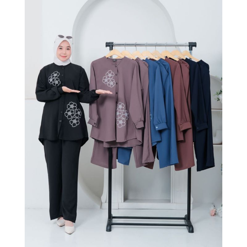 Oneset Bordir Bahan Sabrina Ory Halis Fashion/ Set Celana Bordir ORI by Halis/ Setcel Halis Fashion 
