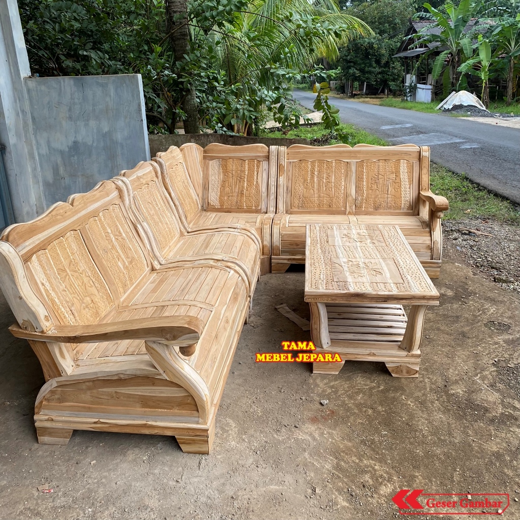 Set Kursi Tamu Sudut Model Gajah Full Jati Motif Bambu
