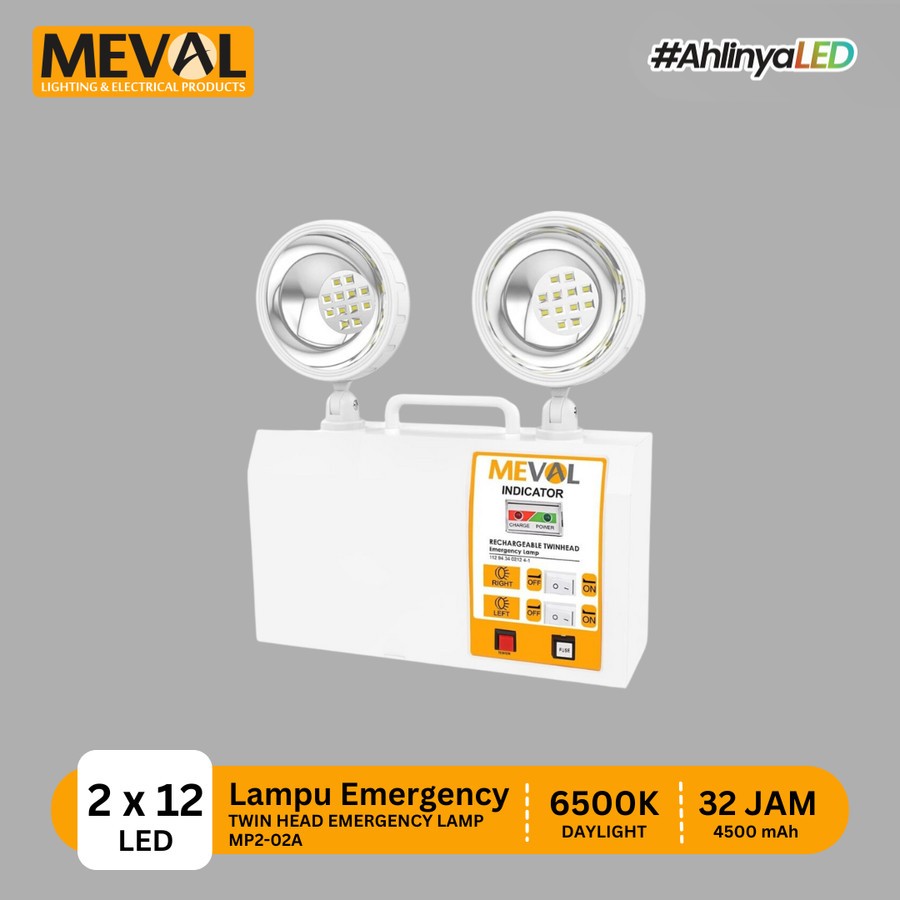 Lampu LED Emergency Twin Head Otomatis Menyala 32 Jam - MEVAL