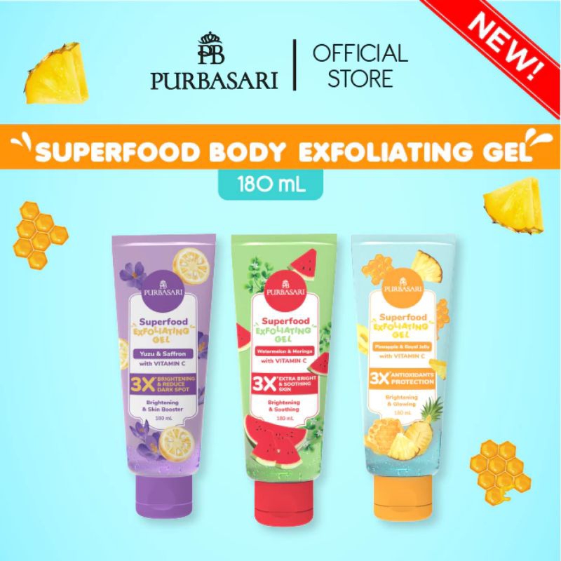 Purbasari Superfood Exfoliating Gel 180ml | Peeling Badan | Peeling Gel | Watermelon & Moringa | Yuz