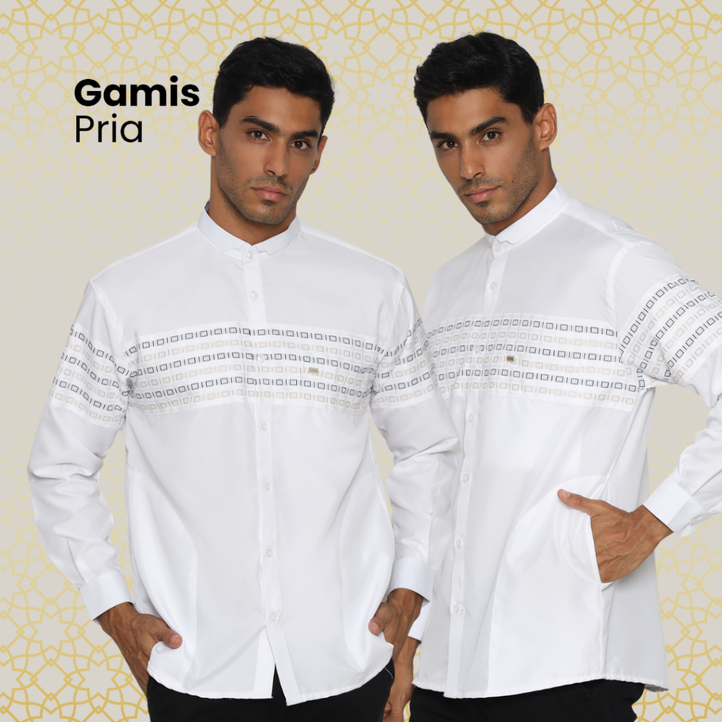 Baju Taqwa Lengan Panjang Putih Kombinasi Garis Busana Muslim Manset President - Gamis Pria