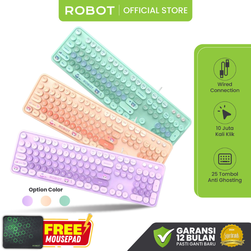 [ GRATIS MOUSE ] ROBOT Keyboard Komputer Kabel RK30 Pastel Color Berkabel Portable Office Keyboard L