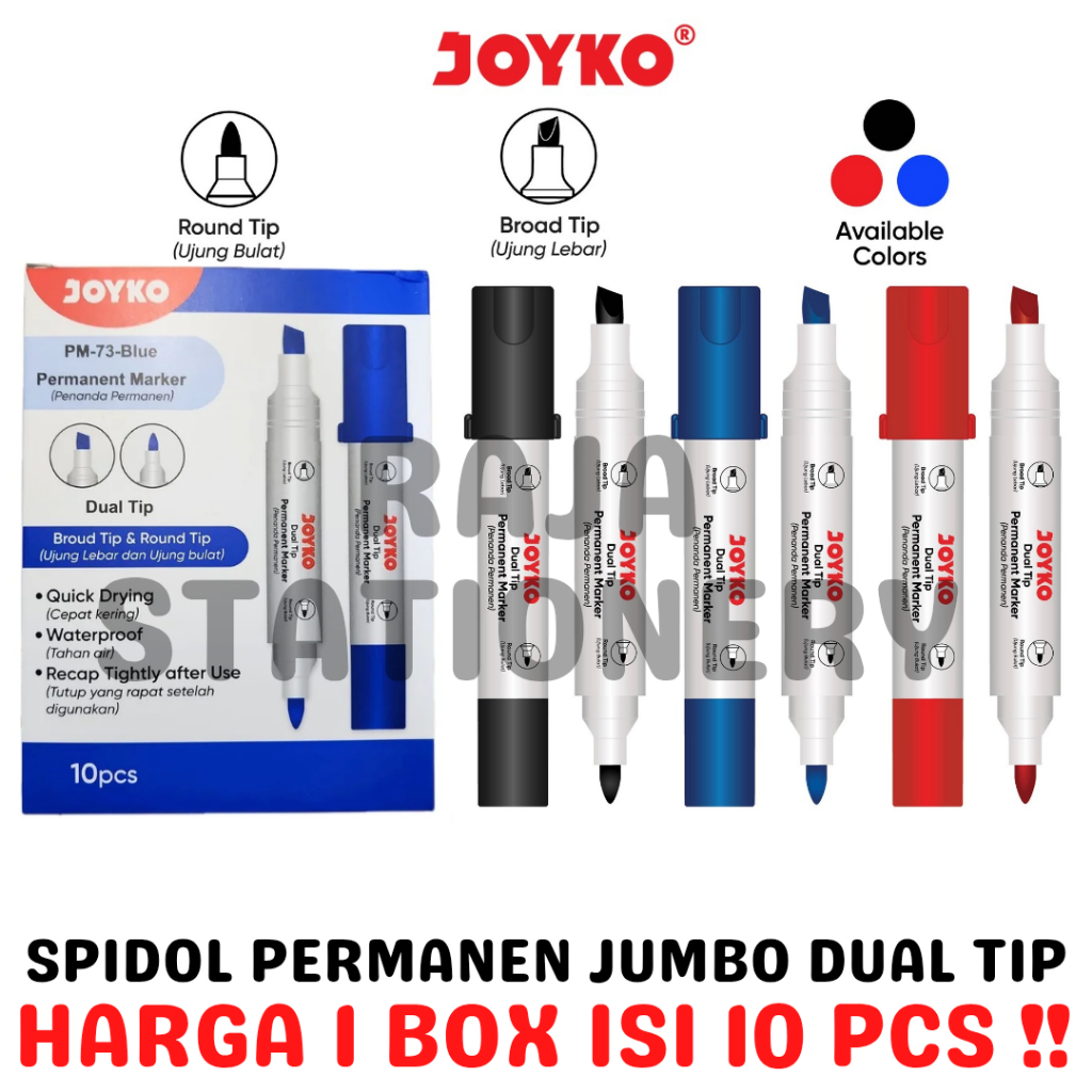

JOYKO PERMANENT MARKER JUMBO ROUND TIP CHISEL TIP BLACK BLUE RED SPIDOL PERMANEN JOYKO HITAM BIRU MERAH BESAR JUMBO SPIDOL KARDUS PM-73 BOX [10PCS]