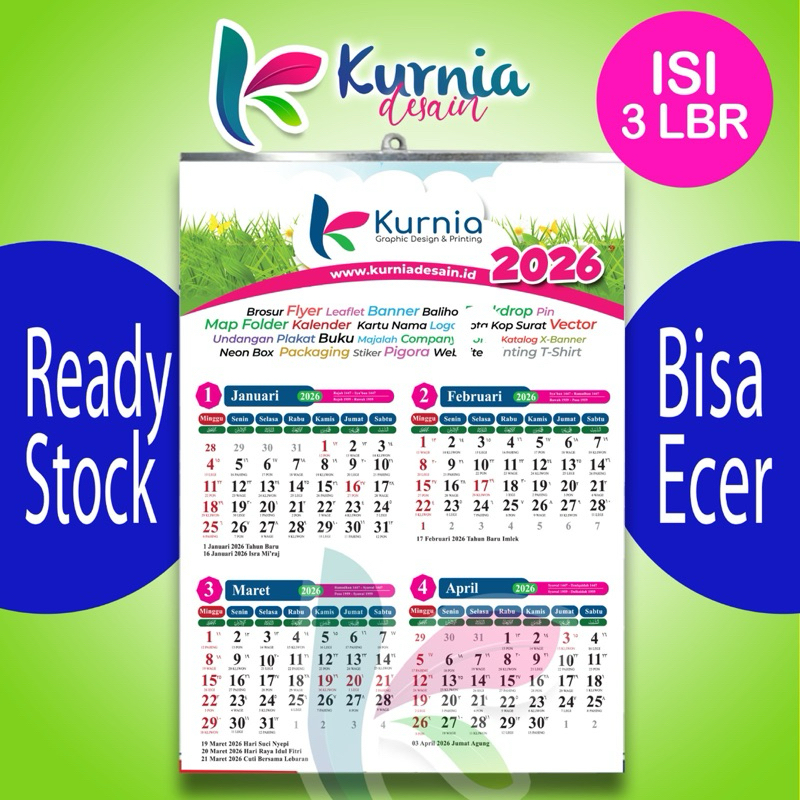 

Kalender 2026 Isi 3 Lbr Klepseng Ecer Ready Stock