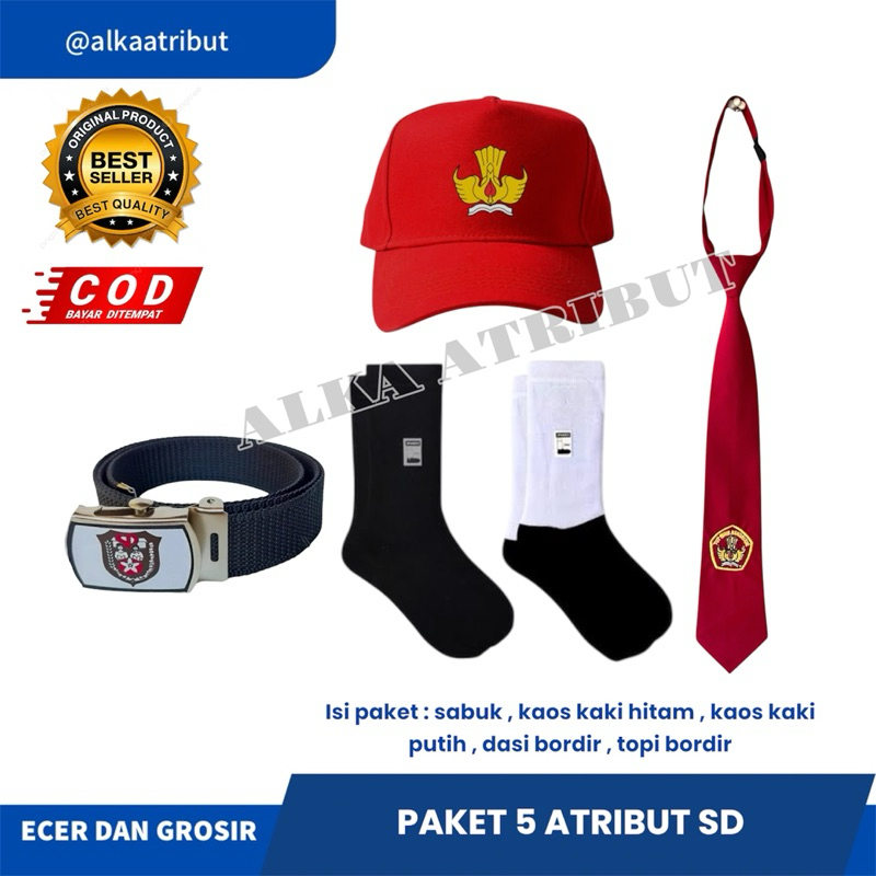 

PAKET LENGKAP ATRIBUT SEKOLAH SD 5 PRODUK DASI TOPI IKAT PINGGANG KAOSKAKI PUTIH DAN HITAM
