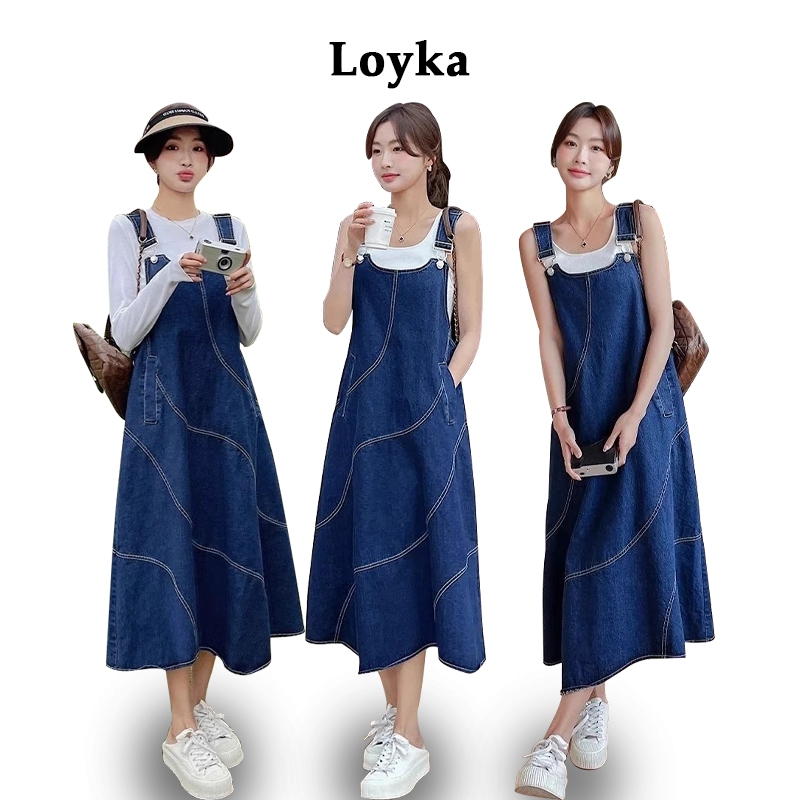 Loyka Overall Denim Rok panjang Wanita Casual Midi Dress Oversize Kekinian Vintage Rok Wanita Overal