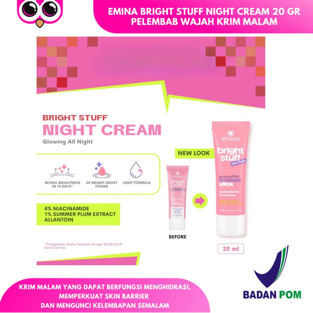 EMINA BRIGHT STUFF NIGHT CREAM 20 GR PELEMBAB WAJAH KRIM MALAM