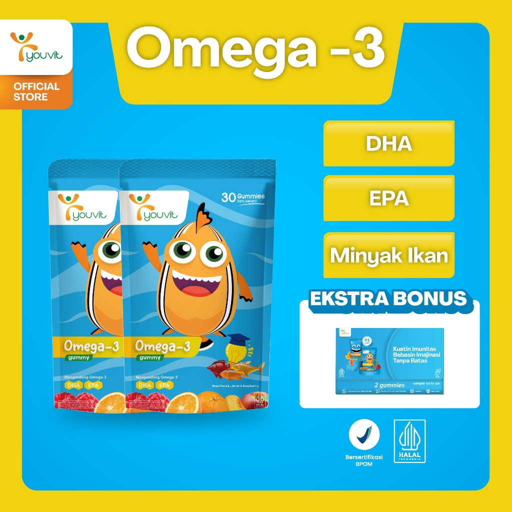 [FREE GIFT] Youvit Omega 3 Anak 60 Hari dengan Minyak Ikan untuk Otak & Mata Anak (Vitamin Otak Anak