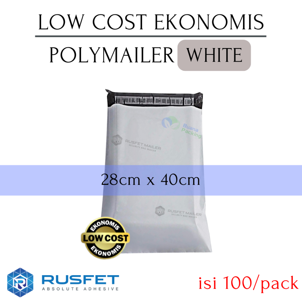 

RUSFET LOW COST POLYMAILER PUTIH - PLASTIK PACKING OLSHOP POLIMAILER SUPER EKONOMIS 28x40