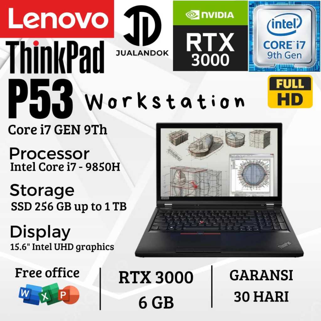 Laptop Lenovo ThinkPad P53 Core i7 Gen 9 - RAM 64GB - SSD 1TB - 15 inch - RTX 3000 6GB - WorkStation
