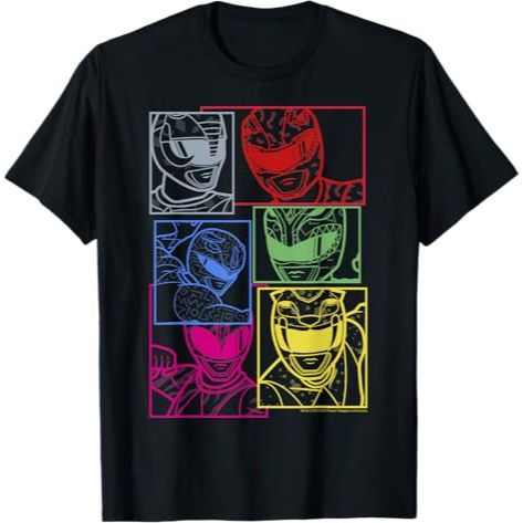 BAJU KAOS - Power Rangers Group Shot Color Silhouette Line Art Panels T-Shirt