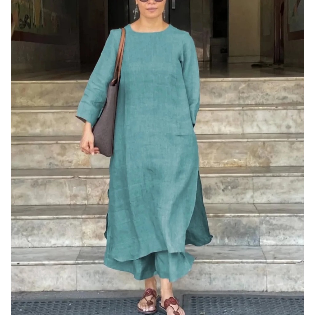 One Set Wanita Jumbo Tunika Set WD Size M L XL XXL XXXL LD 100-130 CM Bahan Linen Rami Dapat Tunik D