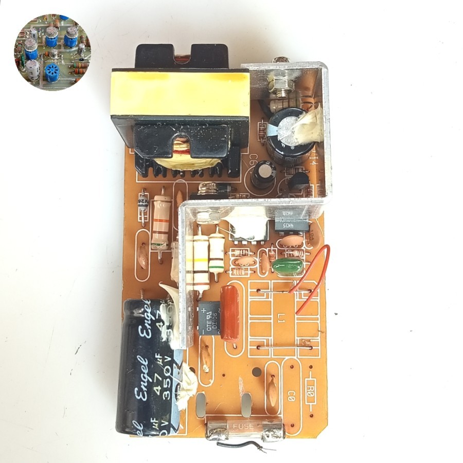 Kondisi Rusak PCB Adaptor 12V 2A Trafo Ferit EI 27 / 32 Trafo JT Diode FES8BT Mosfet FEC K1548