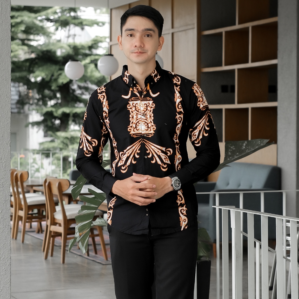 PAKAJI Batik Pria Lengan Panjang Premium Motif Belati Hitam 1234