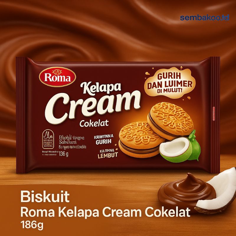 

Roma Kelapa Cream Coklat 186g | Biskuit Isi Krim Cokelat Gurih & Lumer | Sembakoo.id