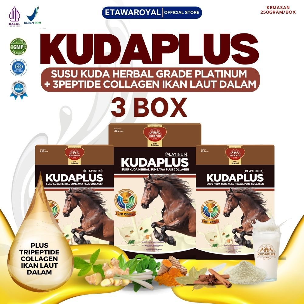 

Susu Kuda Lombok Herbal dengan Collagen Kudaplus 100% susu kuda liar Sumbawa Organik Paket 3 Box
