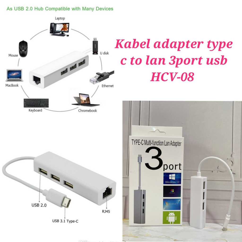 KABEL ADAPTER TYPE C TO LAN 3PORT USB HCV-08