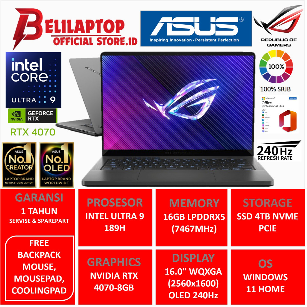 LAPTOP GAMING ROG ZEPHYRUS G16 GU605MI INTEL ULTRA 9 185H RAM 16GB DDR5 RTX 4070-8GB 16"OLED WQXGA