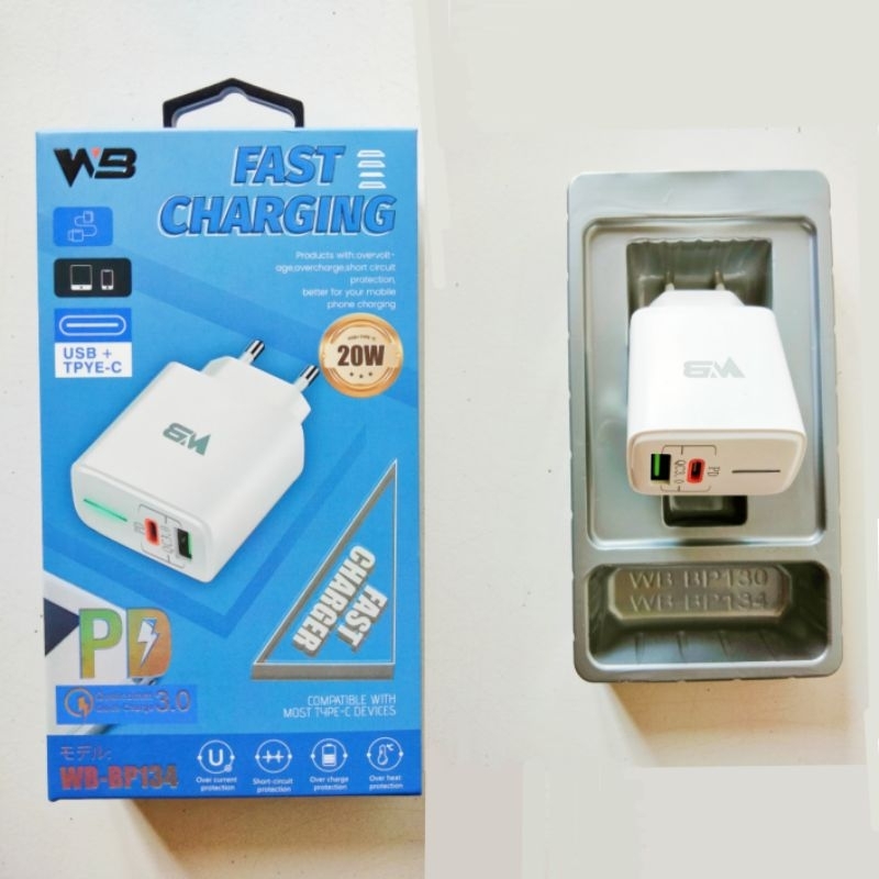 WB charger adaptor 20W USB + TYPE C FAST CHARGING