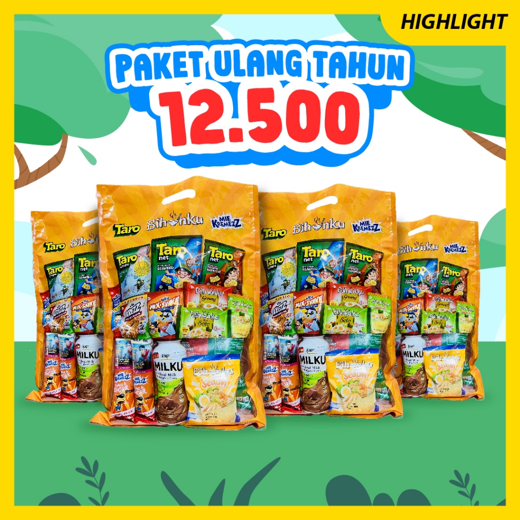 

PAKET SNACK HADIAH ULANGTAHUN ANAK paling murah dan paling enak Taro, mie kremezz, bihunku HAMPERS ULTAH PALING LARIS