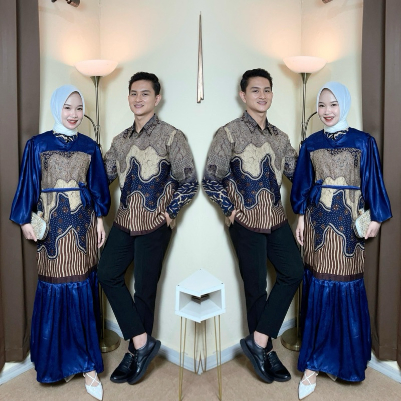 Mahira Gamis Couple Set Hijab Batik Kombinasi Polos Santorini Silk Premium Lebaran Kondangan Sarimbi
