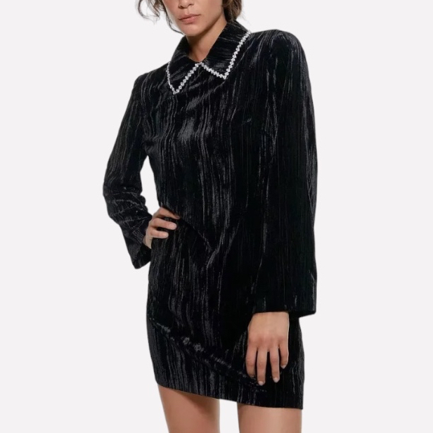 Velvet Dress with Pearl Collar Detail / Terusan Pendek Wanita Longsleeve Bludru Fashion Wavy