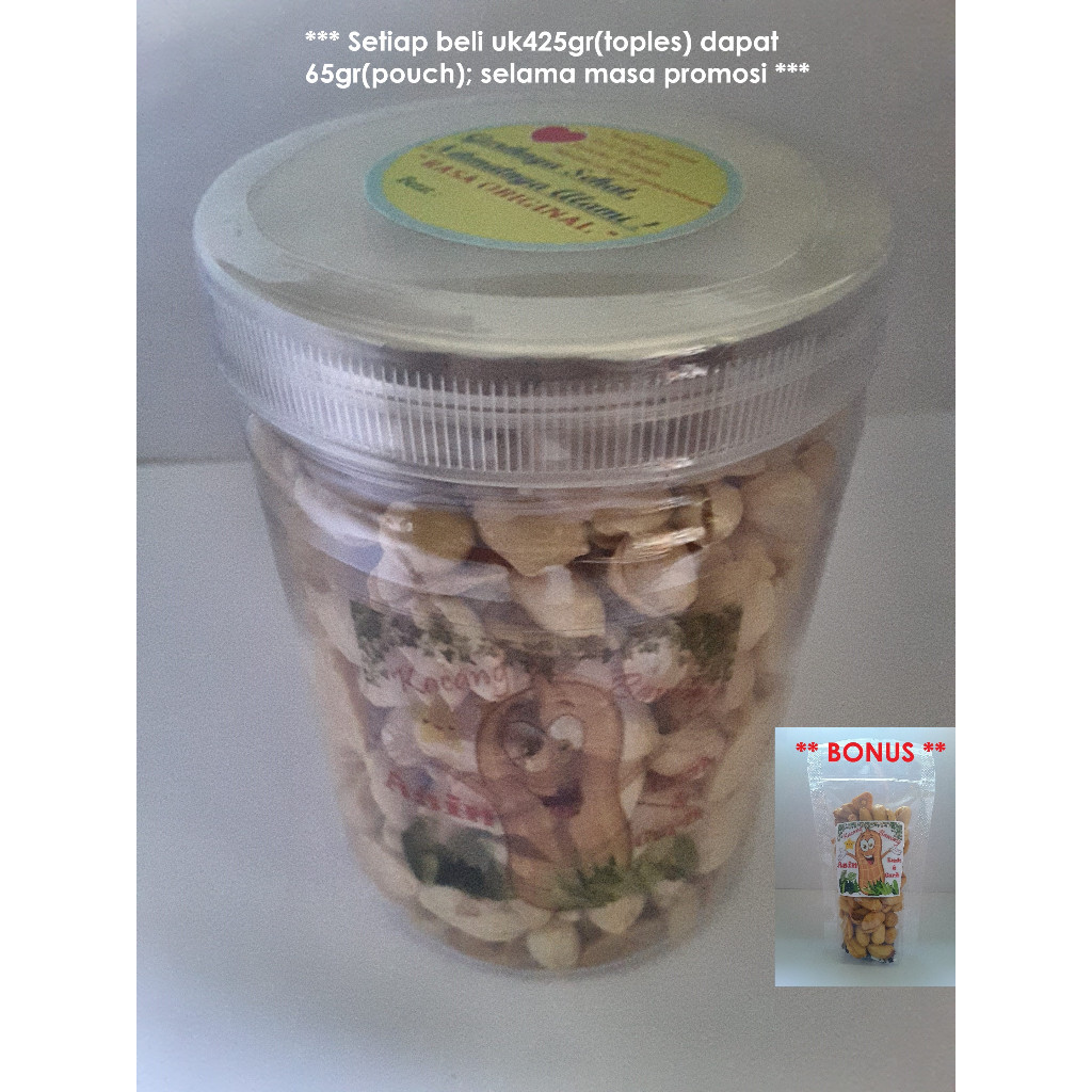 

**PROMO-Bonus 65gr** Kacang Bawang goreng – 425 gr (kemasan Toples), rasa asin, gurih dan renyah.
