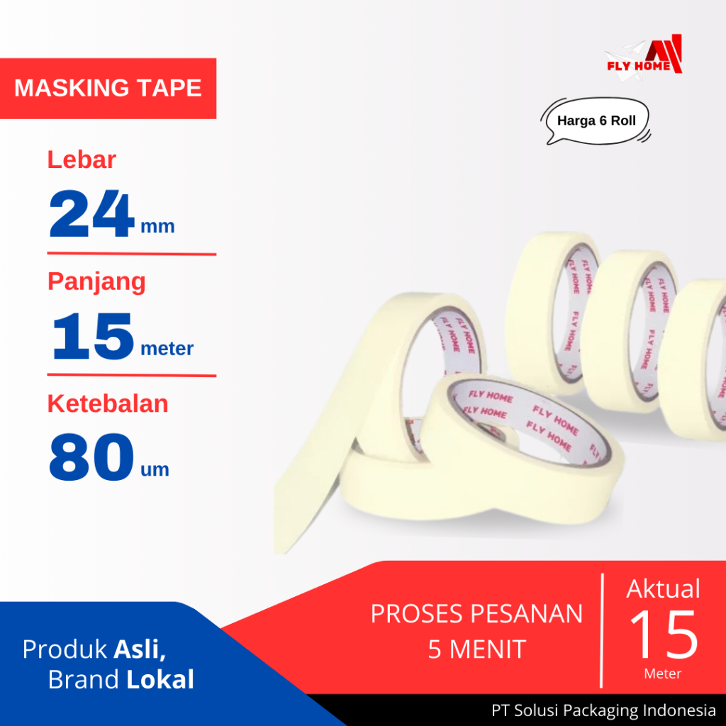 

FLYHOME Lakban kertas 24mm x 15meter 6 roll masking tape ukuran full