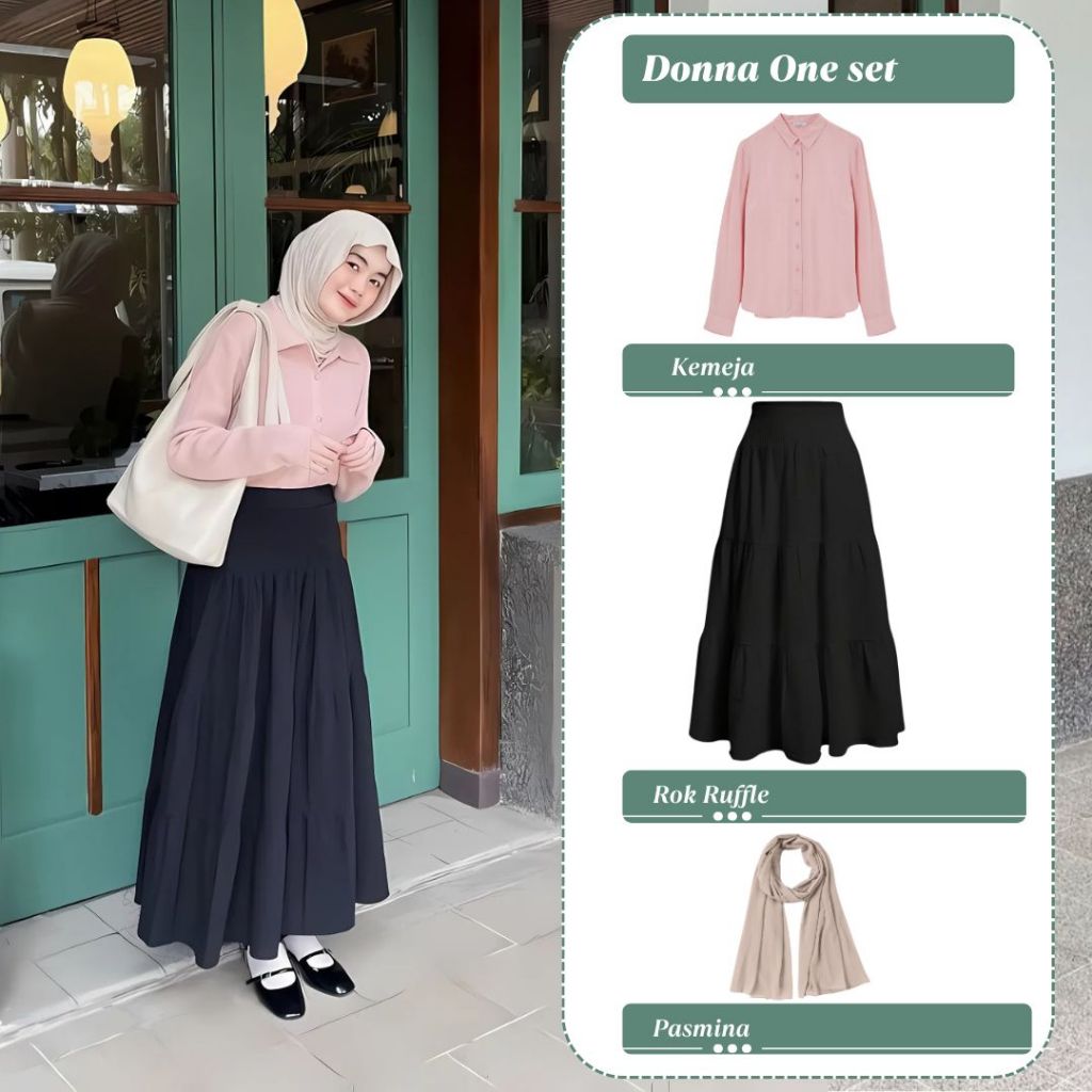 Donna One Set Wanita Kemeja Rok Ruffle Pasmina Jersey Setelan Hangout Kampus Kuliah Ootd Feminim Sty