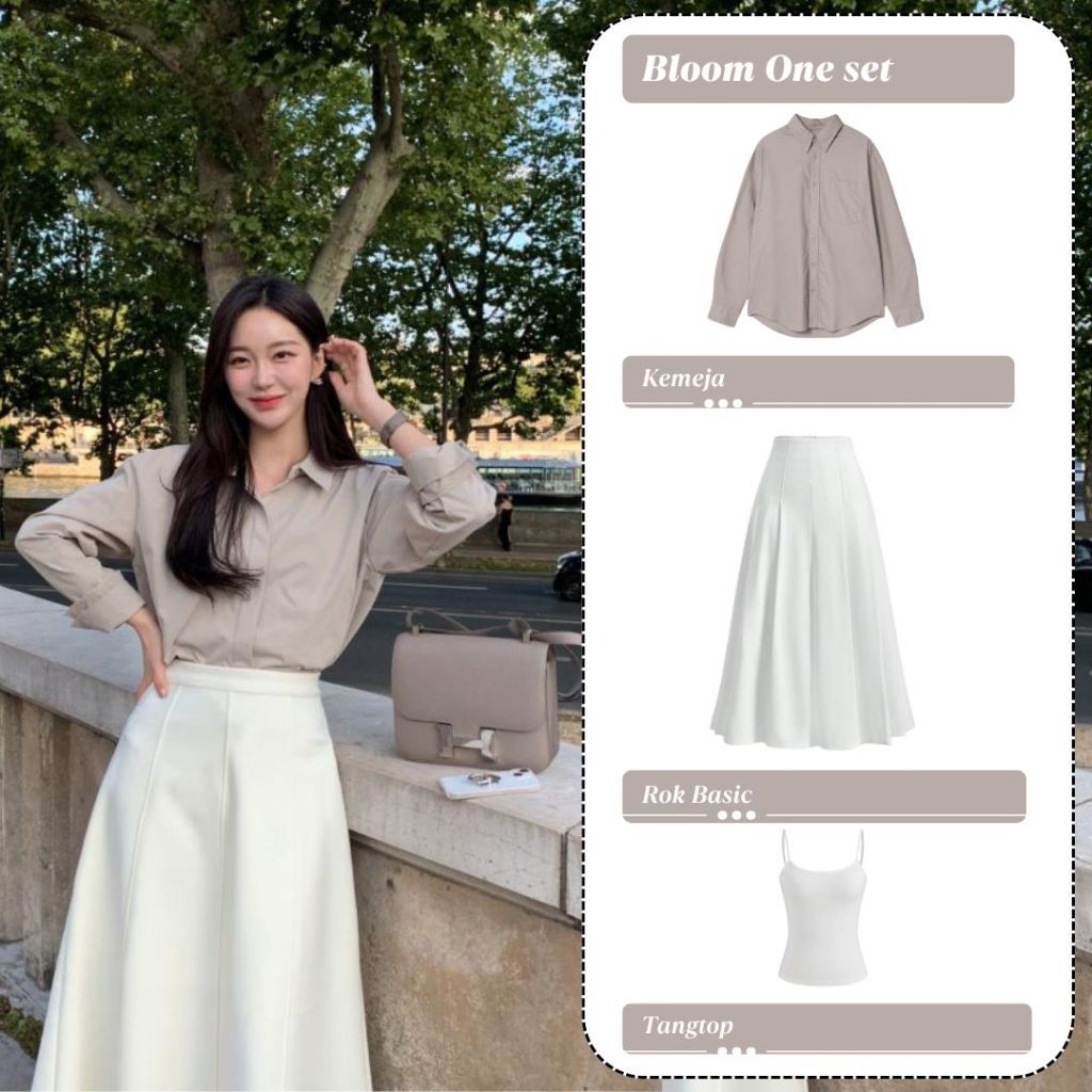 Bloom Outfit Set Wanita Kemeja Basic Rok Joda Inner Tangtop Putih  Kampus Kuliah Ootd Set Jalan
