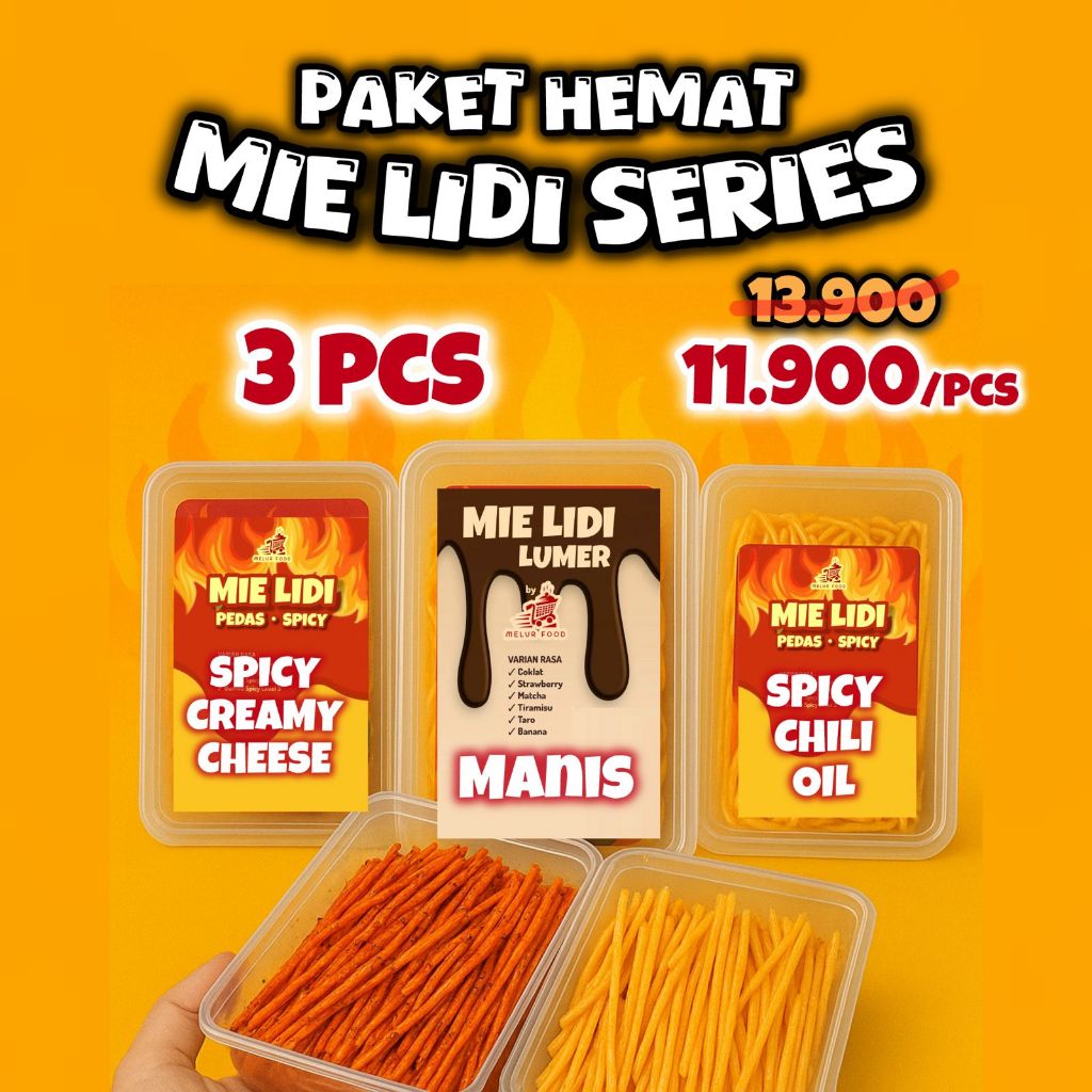 

Paket 3pcs Mie Lidi Series MELUR FOOD - Mie Lidi Box Pedas Chili Oil, Pedas Keju Cheese Spicy, Mie Lidi Lumer Coklat Mix 2 rasa