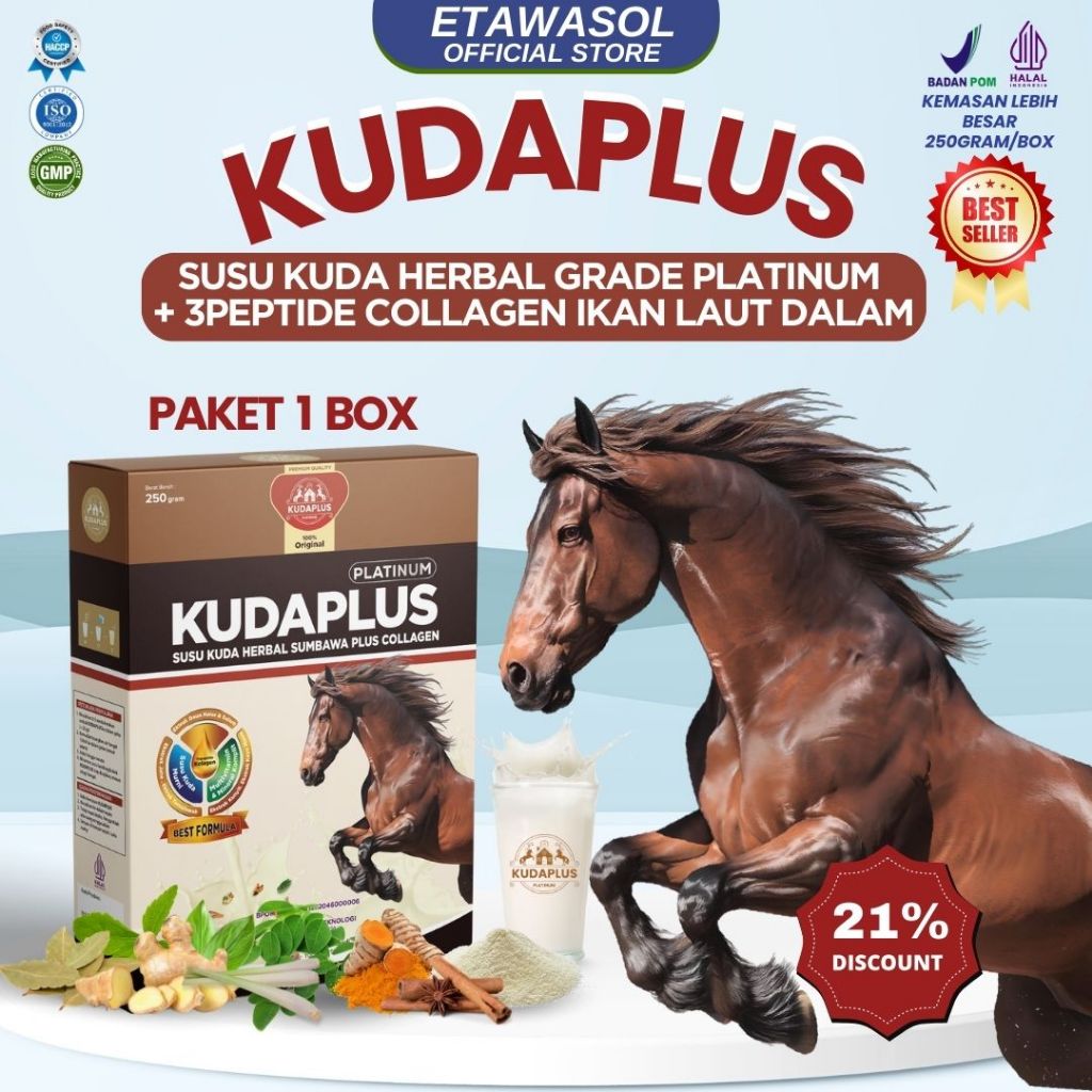 

Susu Kuda Herbal dengan Collagen Kudaplus 100% susu kuda liar Sumbawa Organik Paket 1 Box